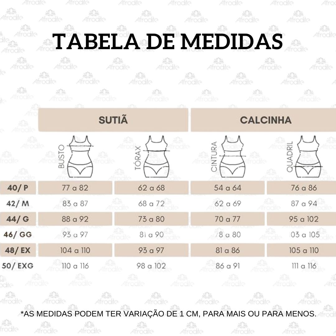 Tabela de Medidas Conjunto Sutiã Rendado sem bojo